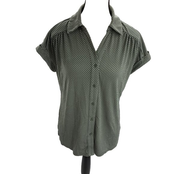 Adrienne Vittadini Womens S Green White Polka Dot Short Sleeve Button Up Blouse - Picture 1 of 8